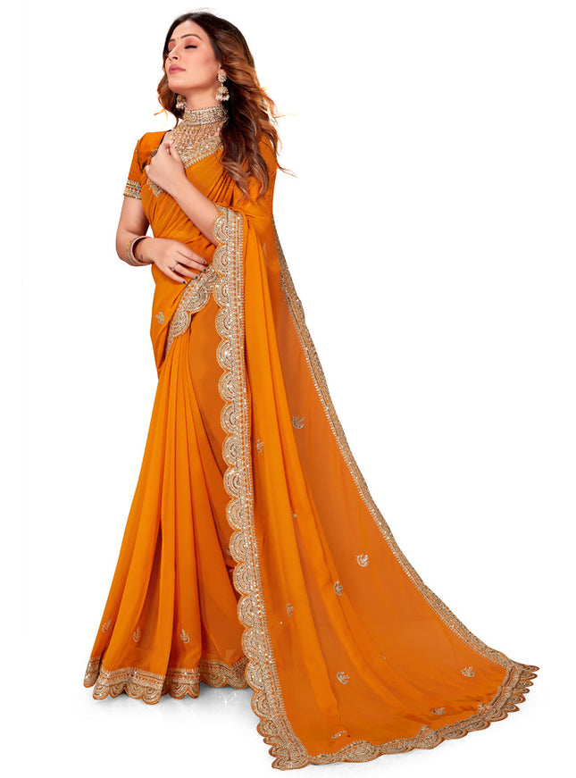 Golden Orange Georgette Embroidered Saree