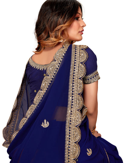 Navy Blue Georgette Embroidered Saree