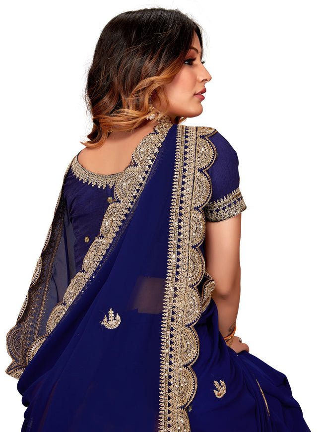 Navy Blue Georgette Embroidered Saree