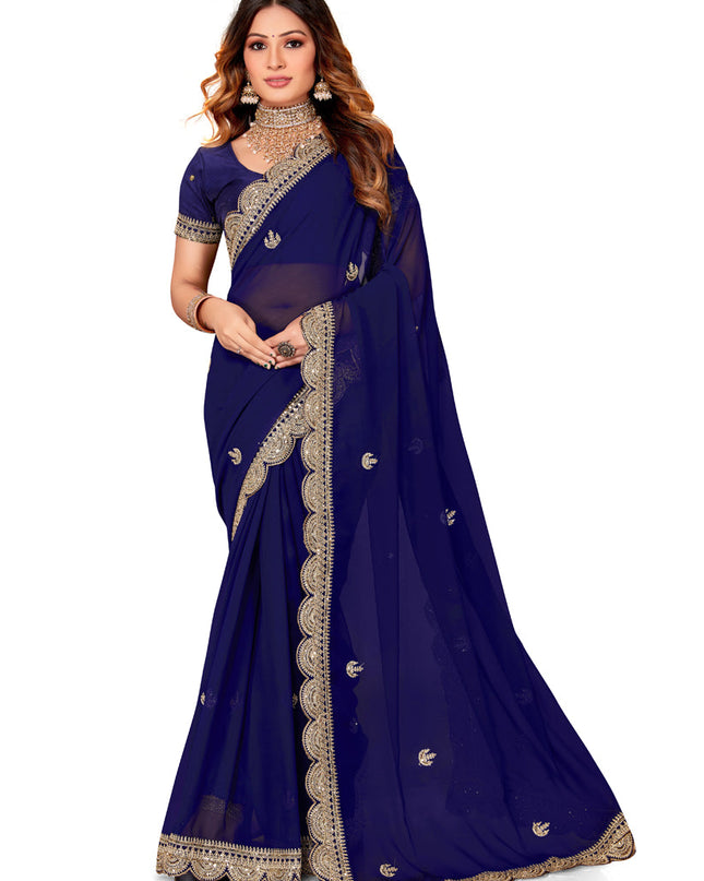 Navy Blue Georgette Embroidered Saree
