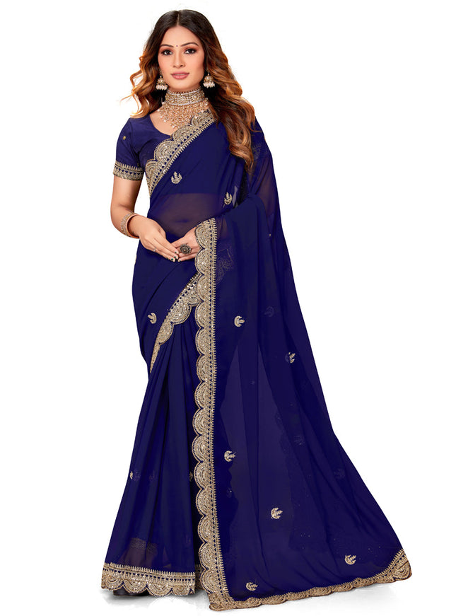 Navy Blue Georgette Embroidered Saree