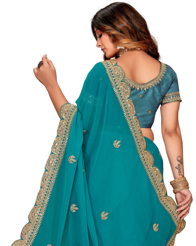 Teal Blue Georgette Embroidered Saree