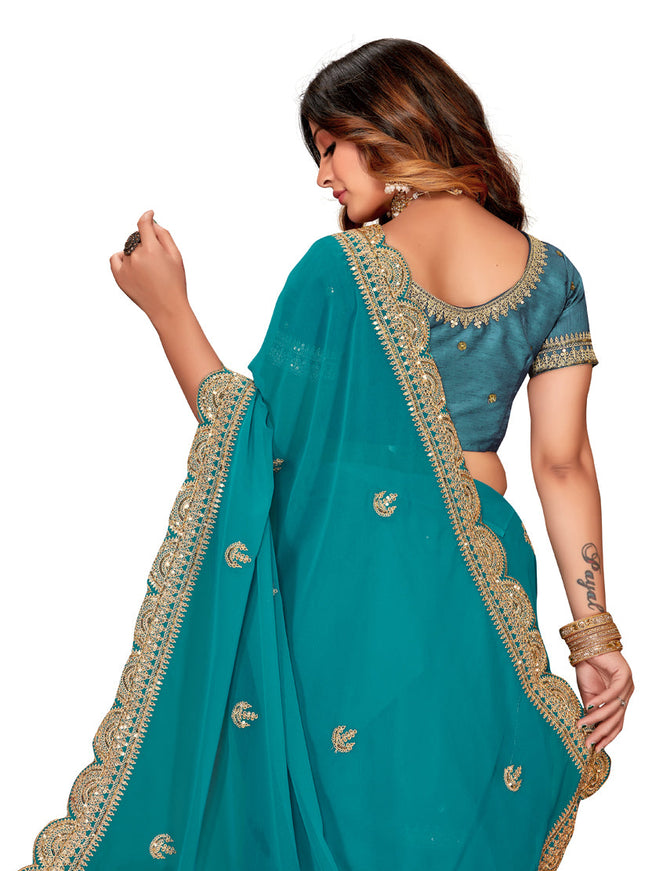 Teal Blue Georgette Embroidered Saree
