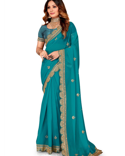 Teal Blue Georgette Embroidered Saree