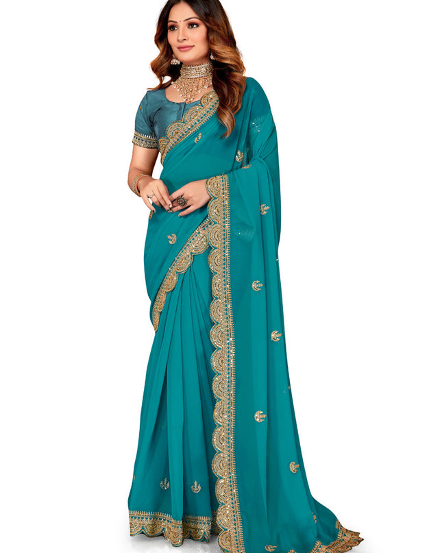 Teal Blue Georgette Embroidered Saree