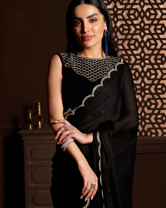 Black Satin Silk Chiffon Embellished Saree
