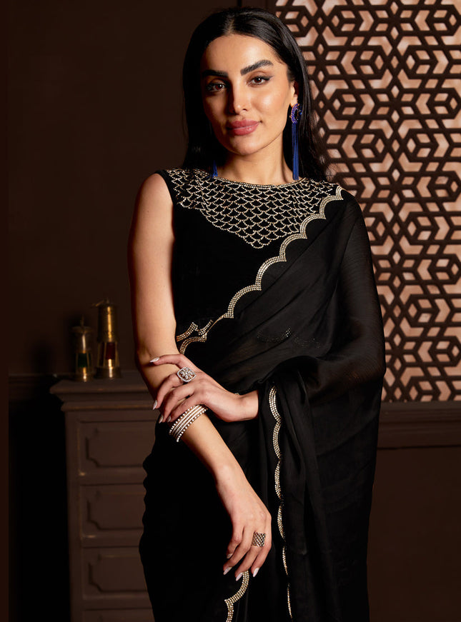 Black Satin Silk Chiffon Embellished Saree