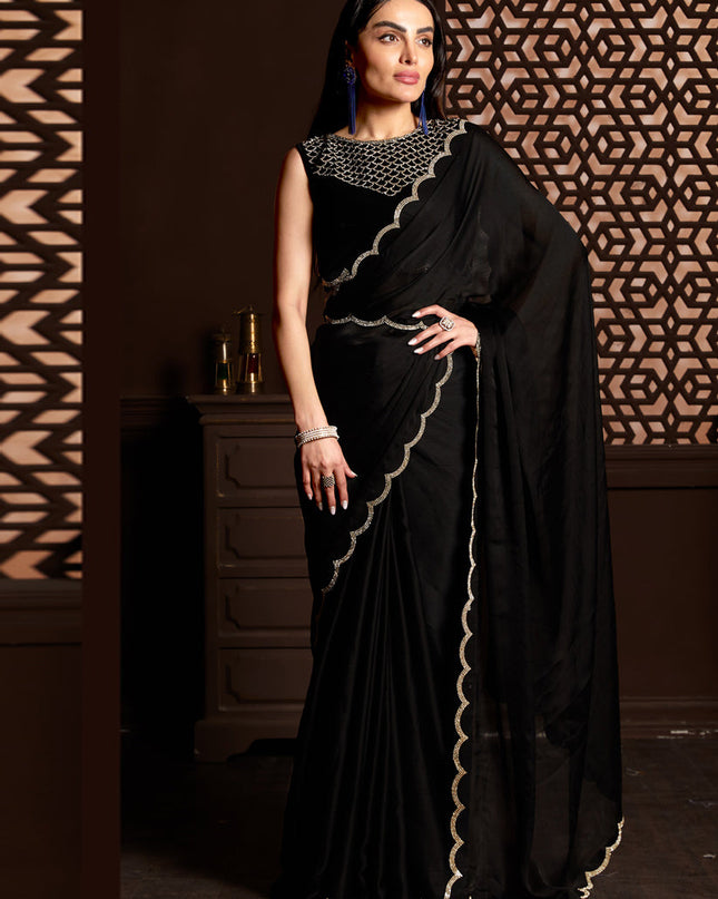 Black Satin Silk Chiffon Embellished Saree