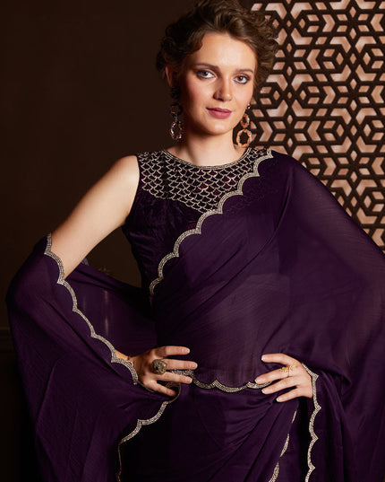 Burgundy Satin Silk Chiffon Embellished Saree