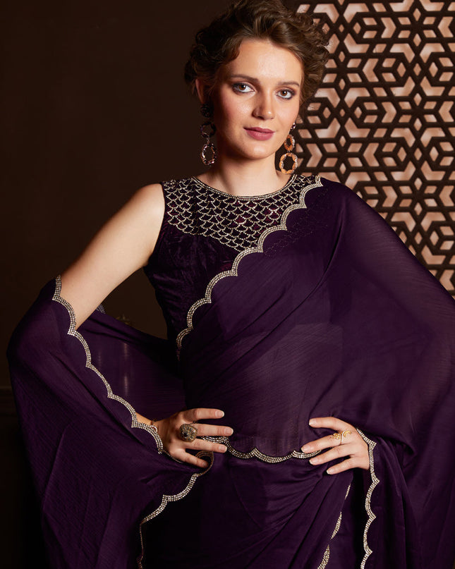 Burgundy Satin Silk Chiffon Embellished Saree