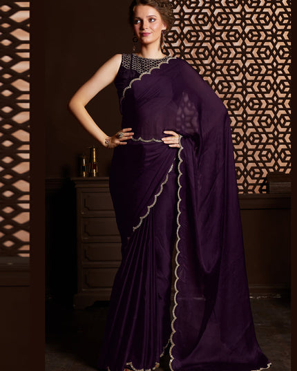 Burgundy Satin Silk Chiffon Embellished Saree