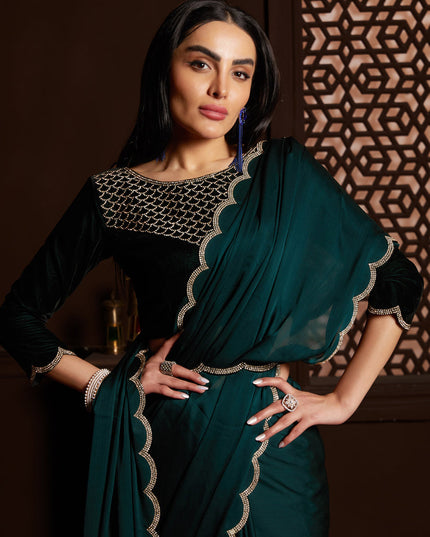 Peacock Blue Satin Silk Chiffon Embellished Saree