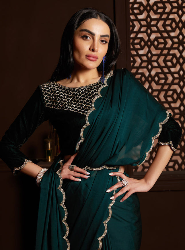 Peacock Blue Satin Silk Chiffon Embellished Saree