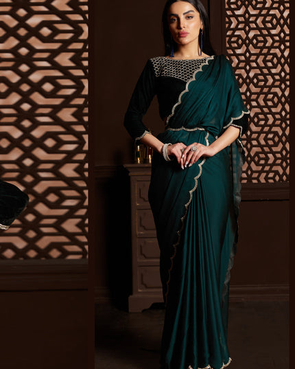 Peacock Blue Satin Silk Chiffon Embellished Saree