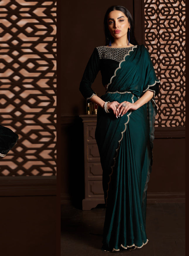 Peacock Blue Satin Silk Chiffon Embellished Saree