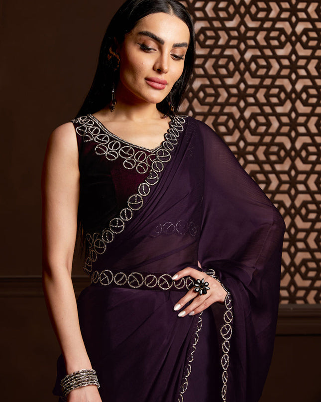 Burgundy Satin Silk Chiffon Embellished Saree
