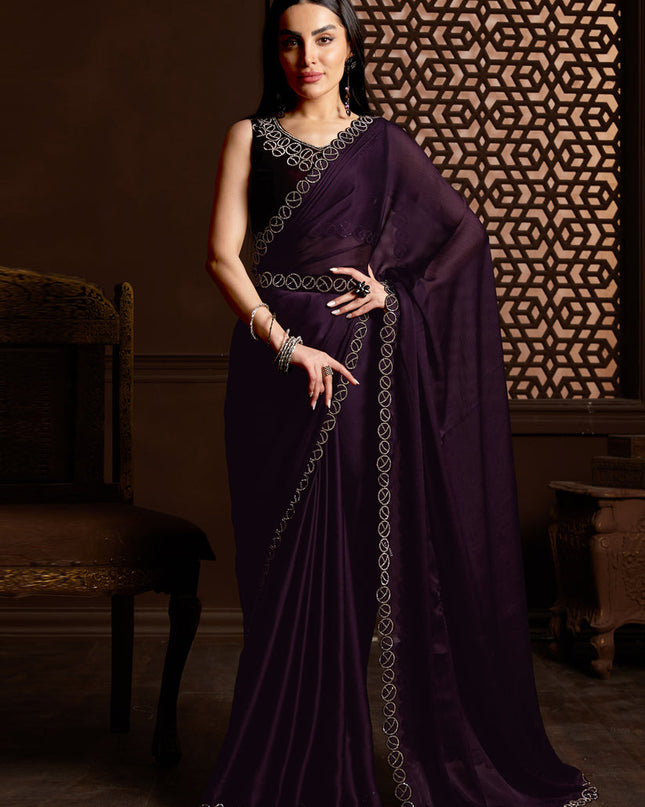 Burgundy Satin Silk Chiffon Embellished Saree