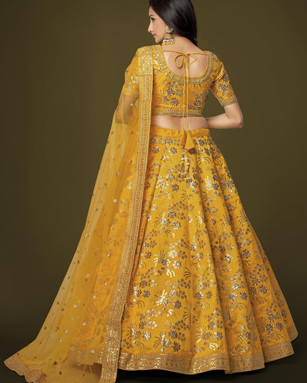 Golden Yellow Slub Silk Embroidered Lehenga Choli