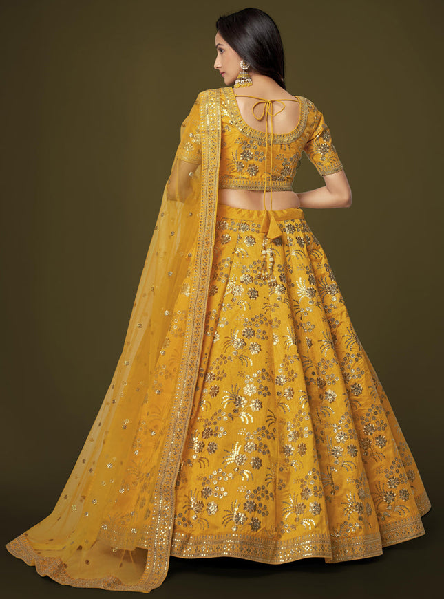 Golden Yellow Slub Silk Embroidered Lehenga Choli