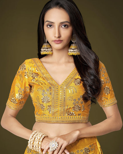 Golden Yellow Slub Silk Embroidered Lehenga Choli