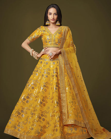 Golden Yellow Slub Silk Embroidered Lehenga Choli
