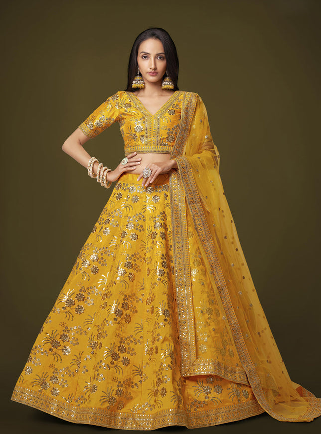 Golden Yellow Slub Silk Embroidered Lehenga Choli