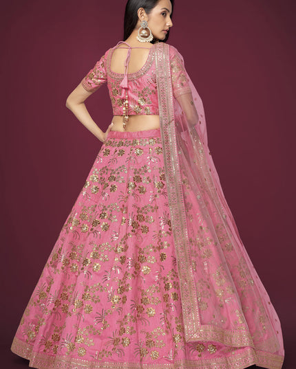 Cherry Pink Slub Silk Embroidered Lehenga Choli