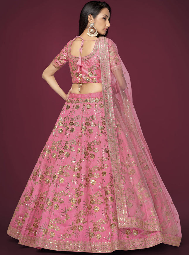 Cherry Pink Slub Silk Embroidered Lehenga Choli
