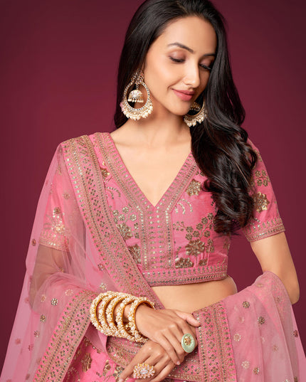 Cherry Pink Slub Silk Embroidered Lehenga Choli