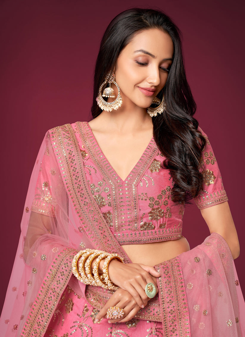 Cherry Pink Slub Silk Embroidered Lehenga Choli