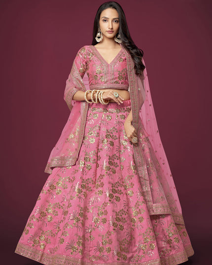 Cherry Pink Slub Silk Embroidered Lehenga Choli