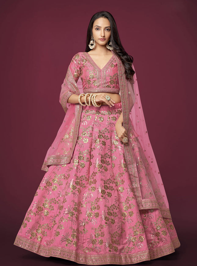 Cherry Pink Slub Silk Embroidered Lehenga Choli