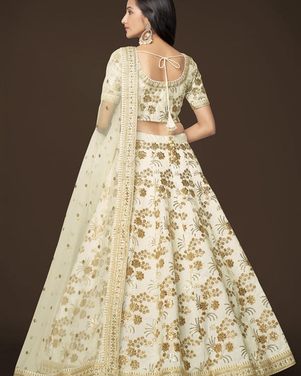 White Slub Silk Embroidered Lehenga Choli