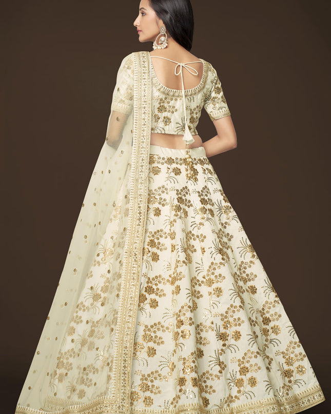 White Slub Silk Embroidered Lehenga Choli