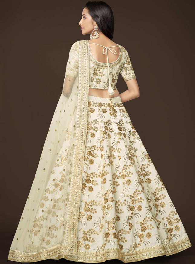 White Slub Silk Embroidered Lehenga Choli