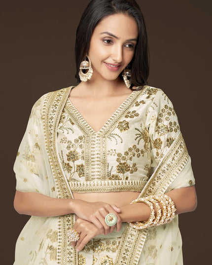 White Slub Silk Embroidered Lehenga Choli