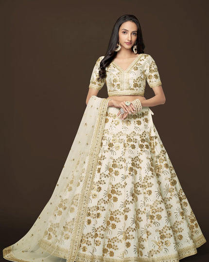 White Slub Silk Embroidered Lehenga Choli