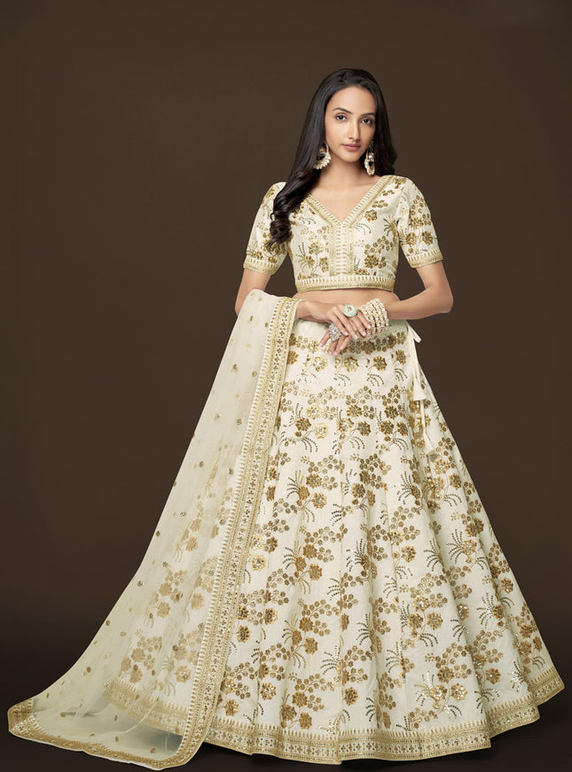 White Slub Silk Embroidered Lehenga Choli