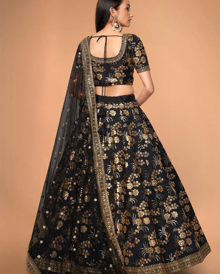 Black Slub Silk Embroidered Lehenga Choli