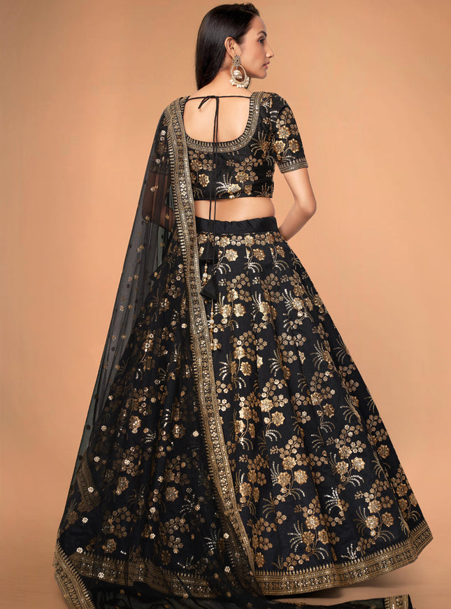 Black Slub Silk Embroidered Lehenga Choli