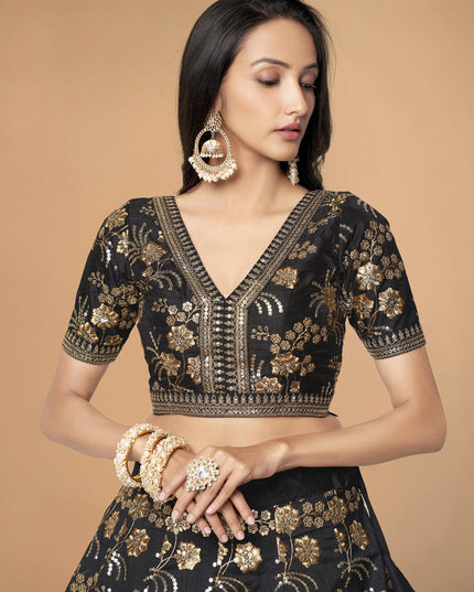 Black Slub Silk Embroidered Lehenga Choli