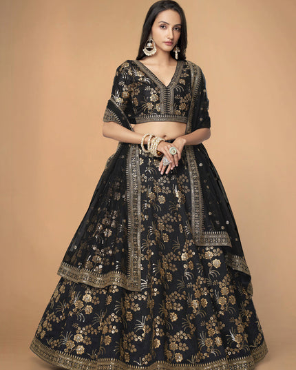Black Slub Silk Embroidered Lehenga Choli