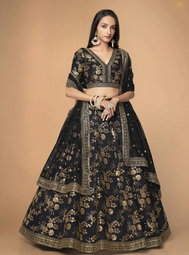 Black Slub Silk Embroidered Lehenga Choli