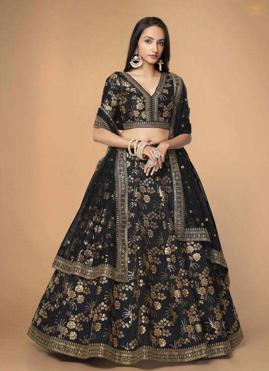 Black Slub Silk Embroidered Lehenga Choli