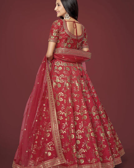 Red Slub Silk Embroidered Lehenga Choli