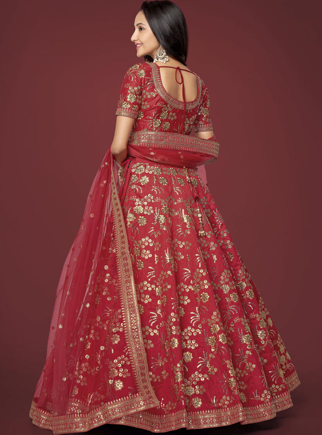Red Slub Silk Embroidered Lehenga Choli