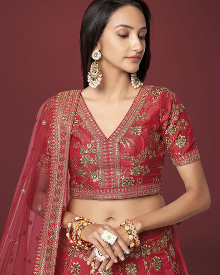 Red Slub Silk Embroidered Lehenga Choli