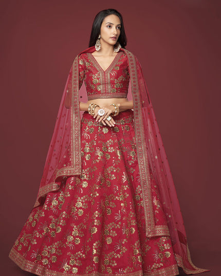 Red Slub Silk Embroidered Lehenga Choli