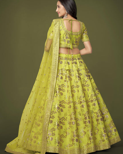 Neon Green Slub Silk Embroidered Lehenga Choli