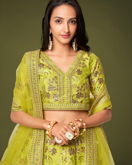 Neon Green Slub Silk Embroidered Lehenga Choli